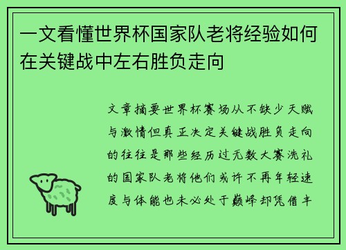 一文看懂世界杯国家队老将经验如何在关键战中左右胜负走向