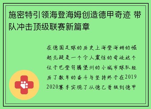 施密特引领海登海姆创造德甲奇迹 带队冲击顶级联赛新篇章 施密特引领海登海姆创造德甲奇迹 带队冲击顶级联赛新篇章